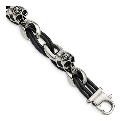 Stainless Steel Skulls Roses Leather Bracelet
