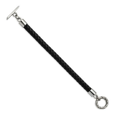 Stainless Steel Black Braided Leather Toggle Bracelet – view 4
