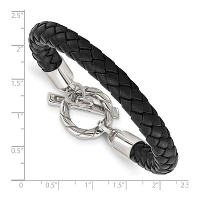 Stainless Steel Black Braided Leather Toggle Bracelet – view 5