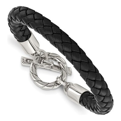Stainless Steel Black Braided Leather Toggle Bracelet