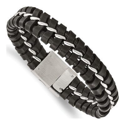 Stainless Steel Black Leather Bracelet