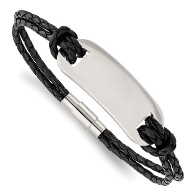 Stainless Steel Black Leather ID Bracelet