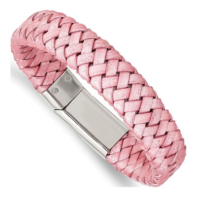 Stainless Steel Metallic Pink Braided Leather Bracelet