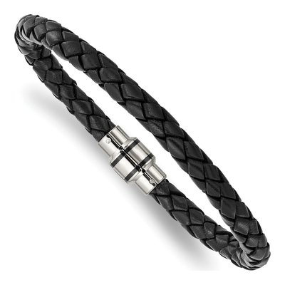 Black Stainless Steel Black Leather Bracelet