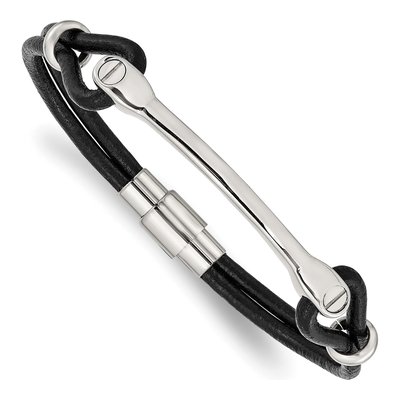 Stainless Steel Black Leather ID Bracelet – view 5