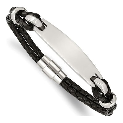 Stainless Steel Black Leather ID Bracelet