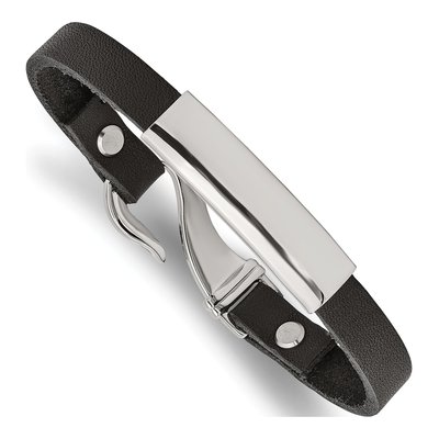 Stainless Steel Black Leather ID Bracelet