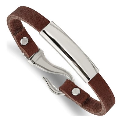 Stainless Steel Brown Leather ID Bracelet