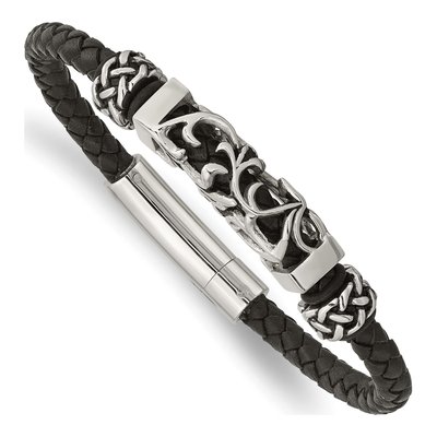 Stainless Steel Black Leather Bracelet