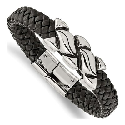 Stainless Steel Black Leather Bracelet