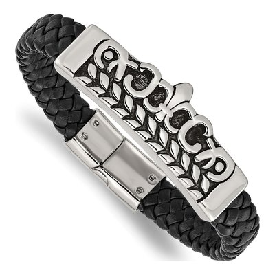 Stainless Steel Fleur de Lis Black Leather Bracelet