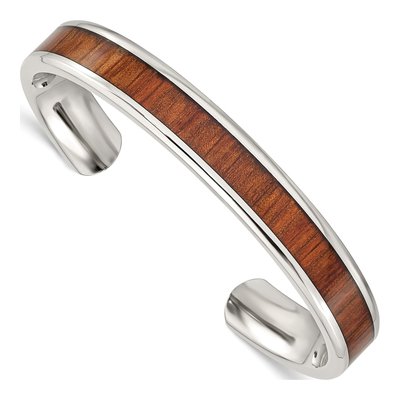 Stainless Steel Koa Wood Inlay Cuff Bracelet