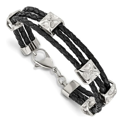 Stainless Steel Black Leather Bracelet