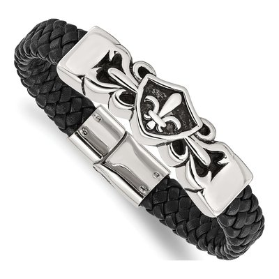 Stainless Steel Fleur de Lis Black Leather Bracelet