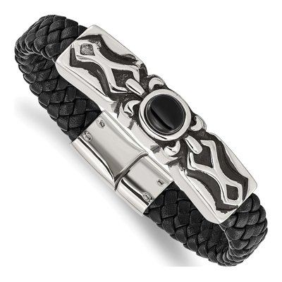 Stainless Steel Onyx Leather Bracelet
