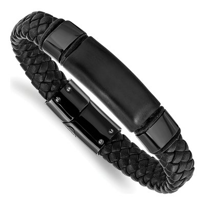 Black Stainless Steel Black Leather Bracelet