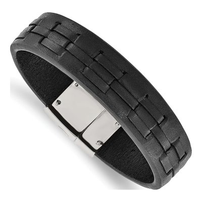 Stainless Steel Black Leather Bracelet