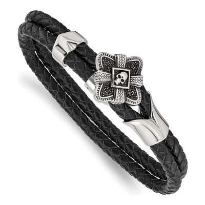 Stainless Steel Skull CZ Leather Bracelet