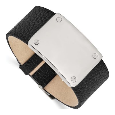 Stainless Steel Black Leather ID Bracelet – view 4
