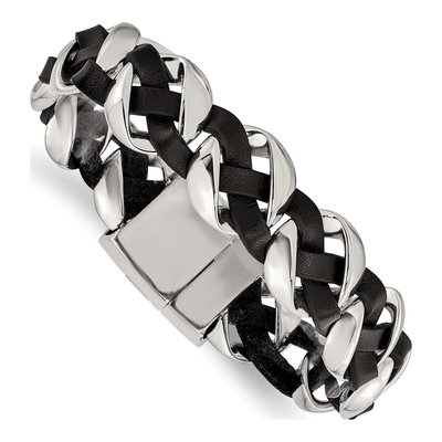 Stainless Steel Black Braided Leather Bracelet