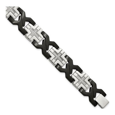 Black Stainless Steel CZ Cross Link Bracelet