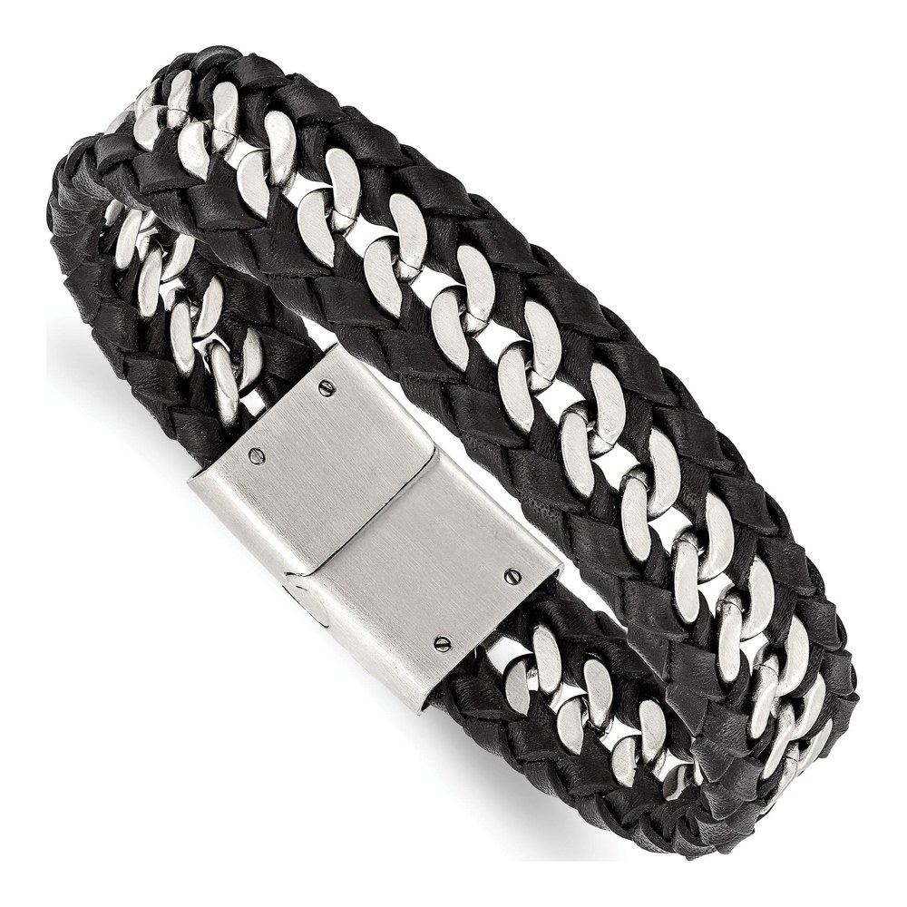 Stainless Steel Black Leather Bracelet