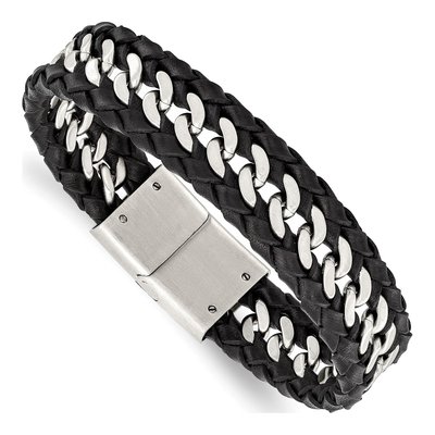 Stainless Steel Black Leather Bracelet
