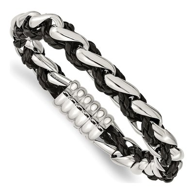 Stainless Steel Braided Black Leather Bracelet
