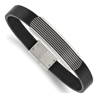 Stainless Steel Black Leather ID Bracelet