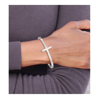 Stainless Steel Sideways Cross Hinged Bangle Bracelet – view 6