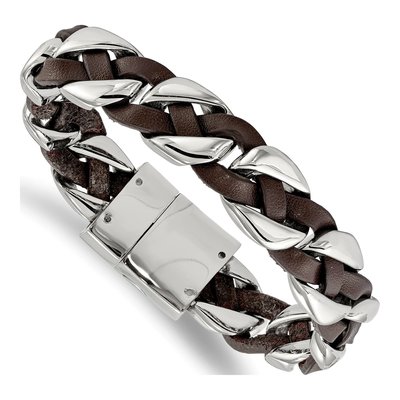Stainless Steel Crystal Braided Leather Cuff Bracelet