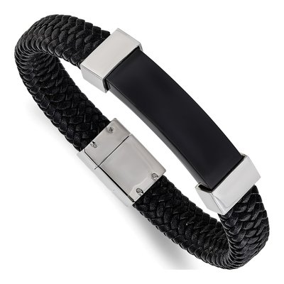Black Stainless Steel Black Leather Bracelet