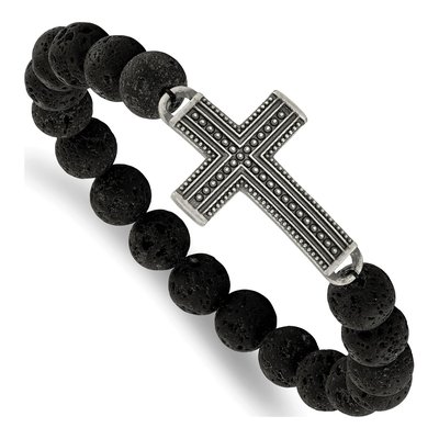Black Stainless Steel Cross Lava Stretch Bracelet