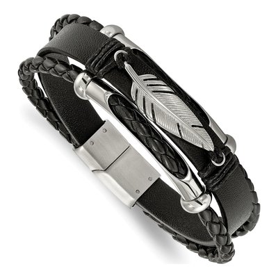 Stainless Steel Feather Multi Strand Leather Bracelet