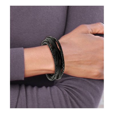 Stainless Steel Black Leather Braided Bracelet – view 3