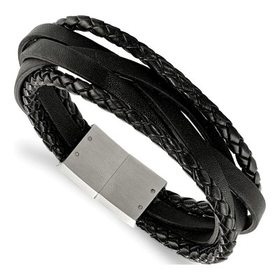 Stainless Steel Black Leather Braided Bracelet