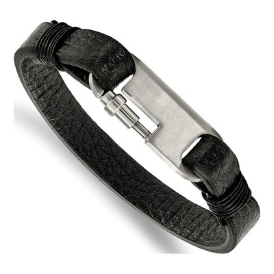 Stainless Steel Black Leather Bracelet