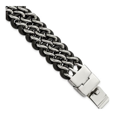 Stainless Steel Black Leather Bracelet