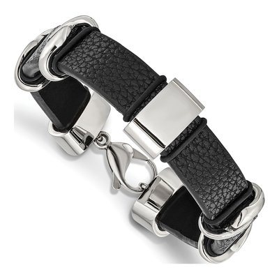 Stainless Steel Black Leather Bracelet