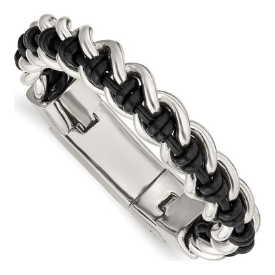 Stainless Steel Black Leather Bracelet