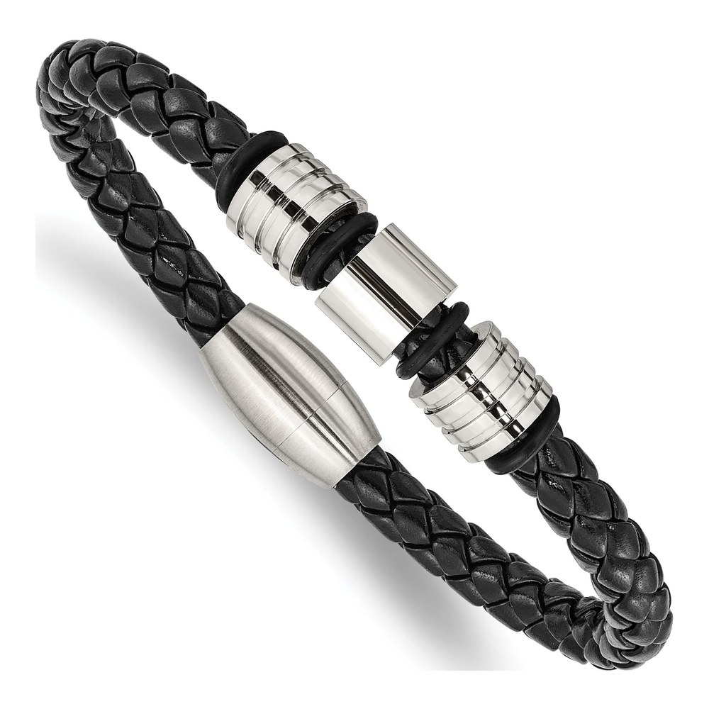 Stainless Steel Black Leather Bracelet