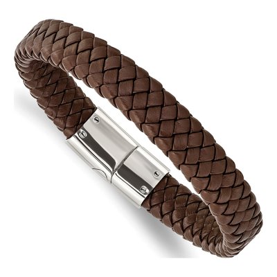 Stainless Steel Brown Braided Leather Bracelet