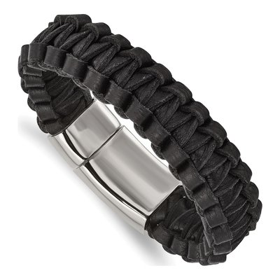 Stainless Steel Braided Black Leather Bracelet