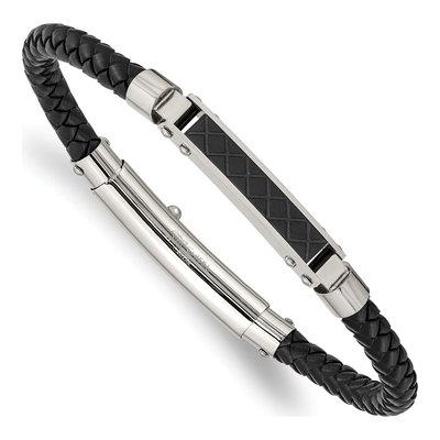 Black Stainless Steel Black Leather Bracelet