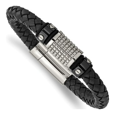 Black Stainless Steel Black Leather Bracelet