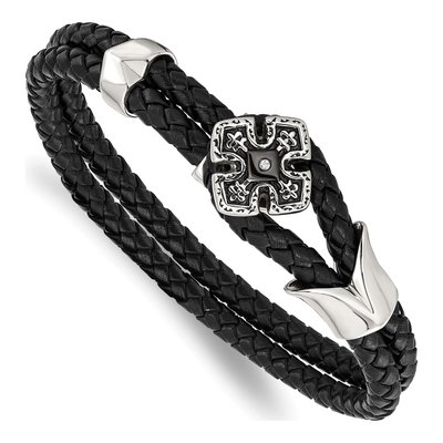 Black Stainless Steel CZ Leather Bracelet