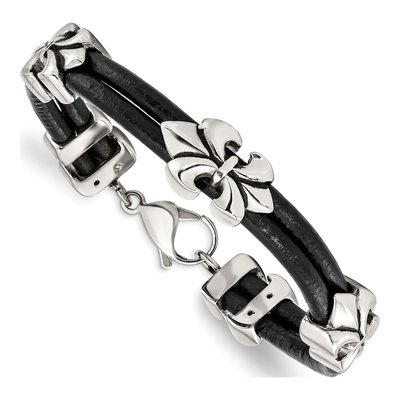 Stainless Steel Fleur de Lis Leather Bracelet