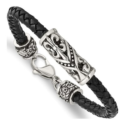 Stainless Steel Fleur de Lis Leather Bracelet
