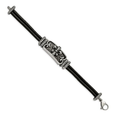 Stainless Steel Fleur de Lis Leather Bracelet – view 4