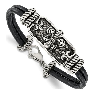 Stainless Steel Fleur de Lis Leather Bracelet